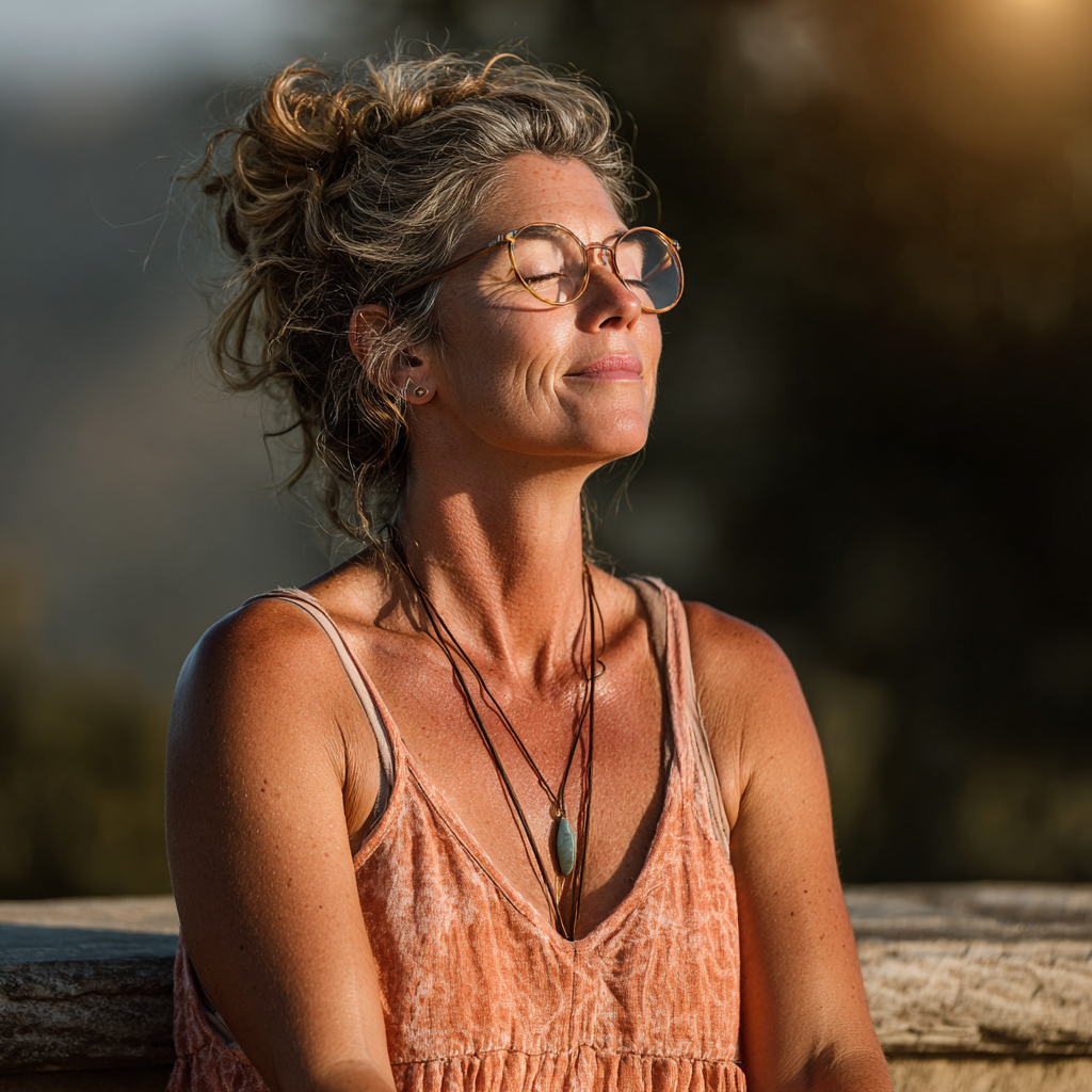 Peaceful middle-aged woman in her late 40s practicing yoga meditation pose outdoors in natural lighting, demonstrating mindful breathing and relaxation techniques